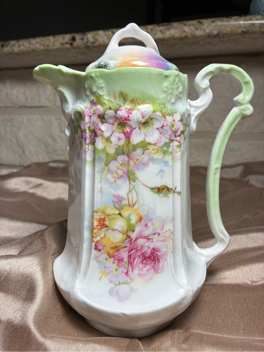 VTG Porcelain Floral Pitcher in Pastel Green and Pink Beautiful Decor